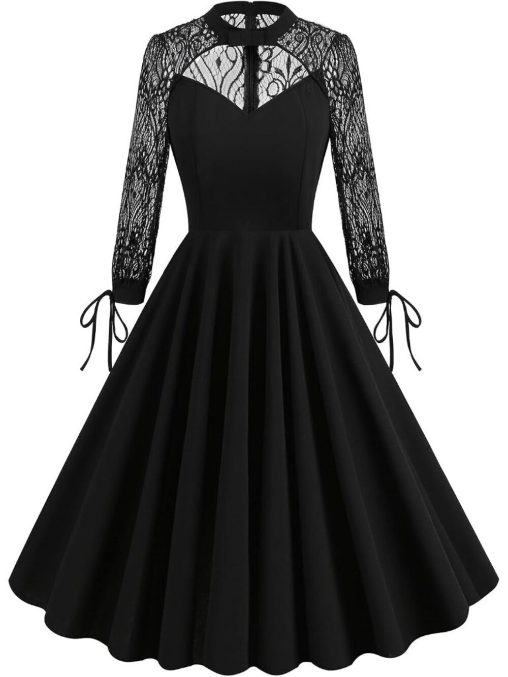 Women's Black long Sleeve Floral Embroidery Vintage Cocktail Swing A-Line Dress
